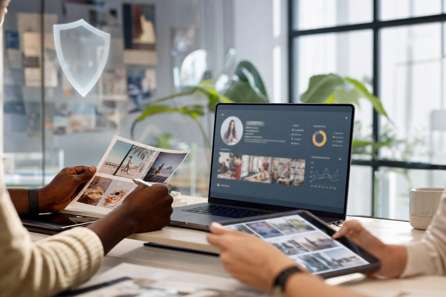 Marketing professional reviewing influencer content photos alongside a brand safety analytics dashboard on a laptop, with a blue shield icon symbolizing brand protection in influencer marketing