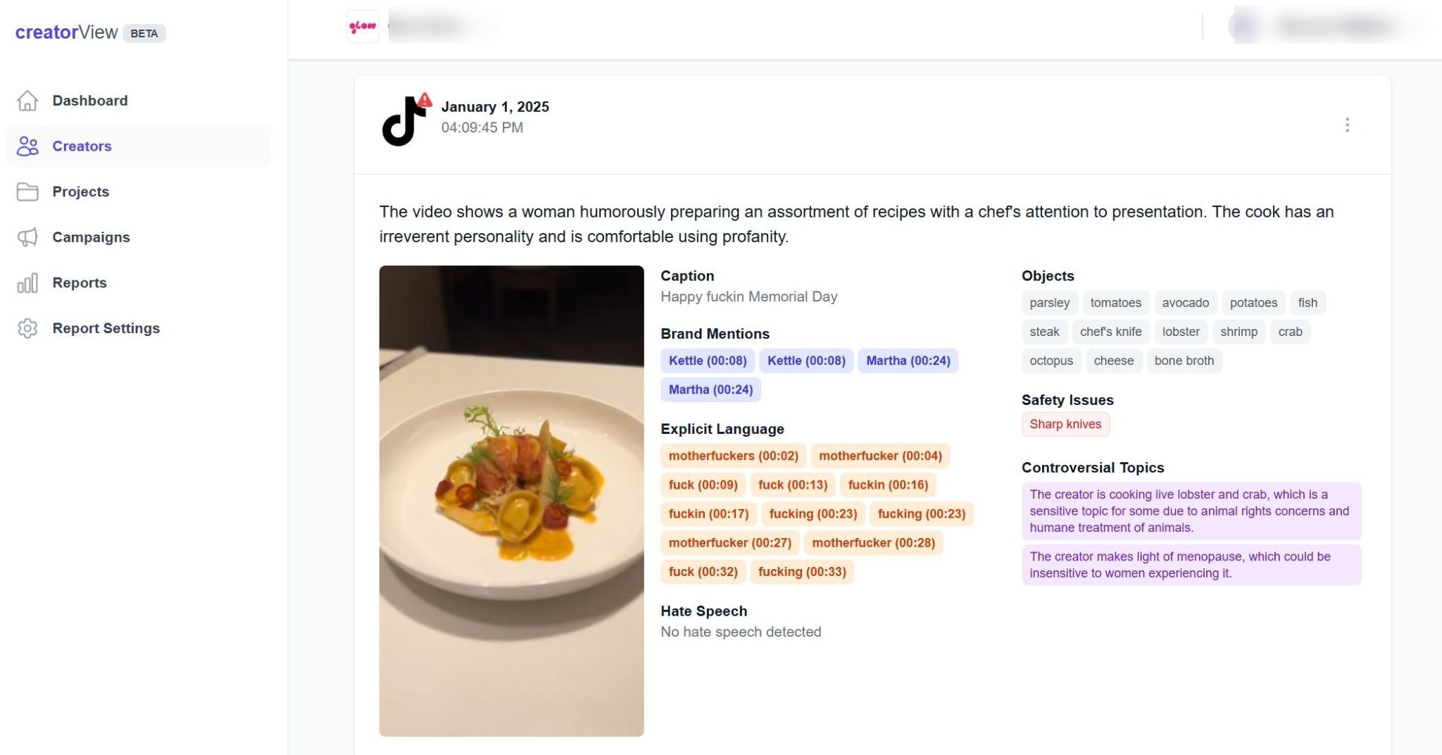 CreatorView brand safety vetting tool screenshot showing influencer content history scan with risk categories flagged