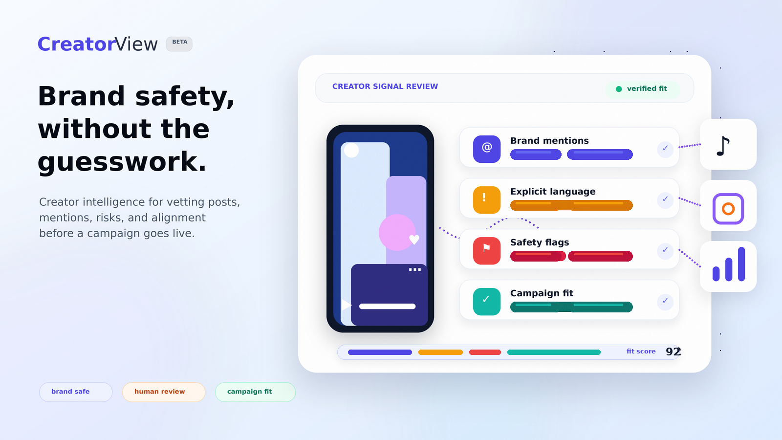 Shield icon over an influencer content grid representing brand safety screening - CreatorView.ai